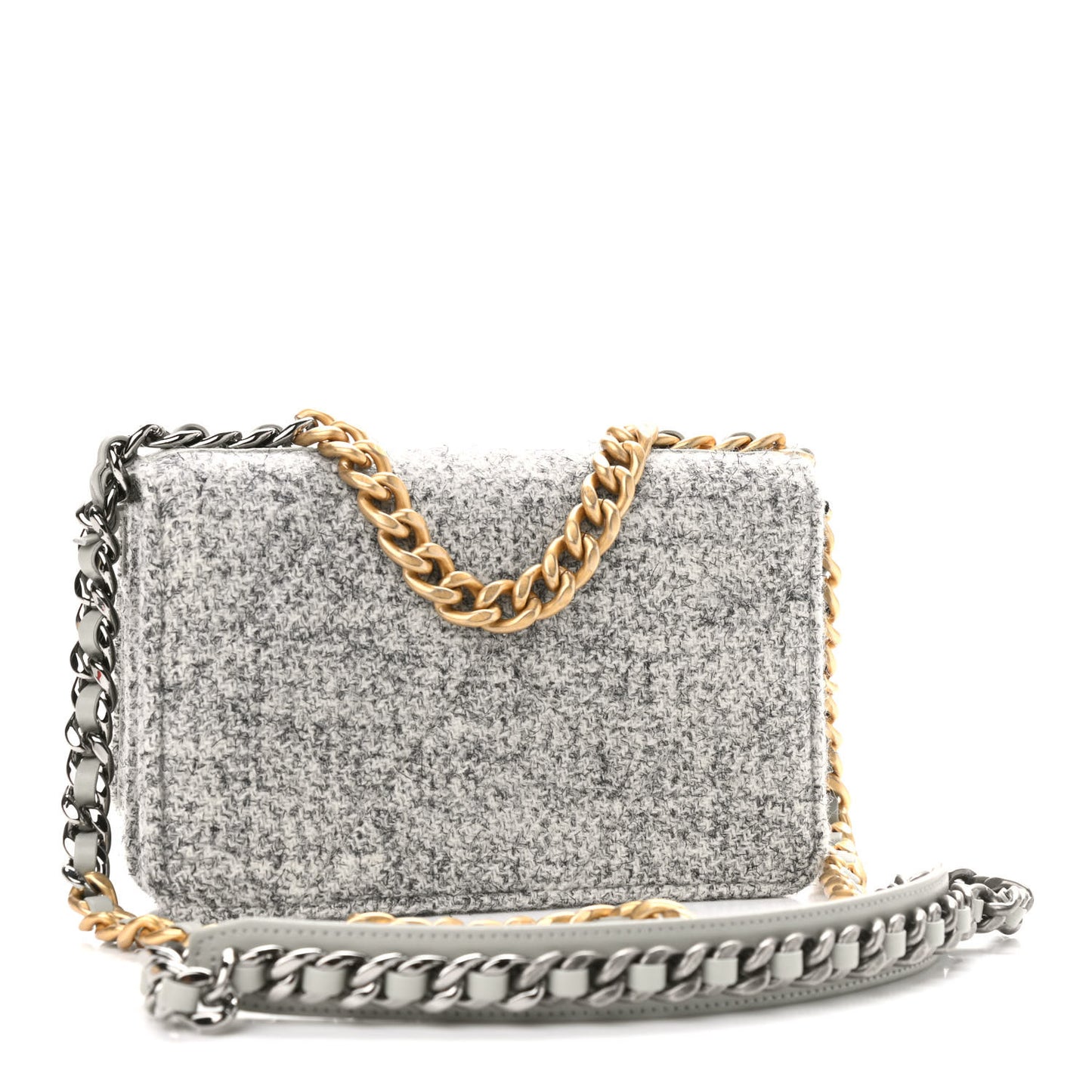 Wool Tweed Lambskin Quilted Chanel 19 Wallet On Chain WOC Grey