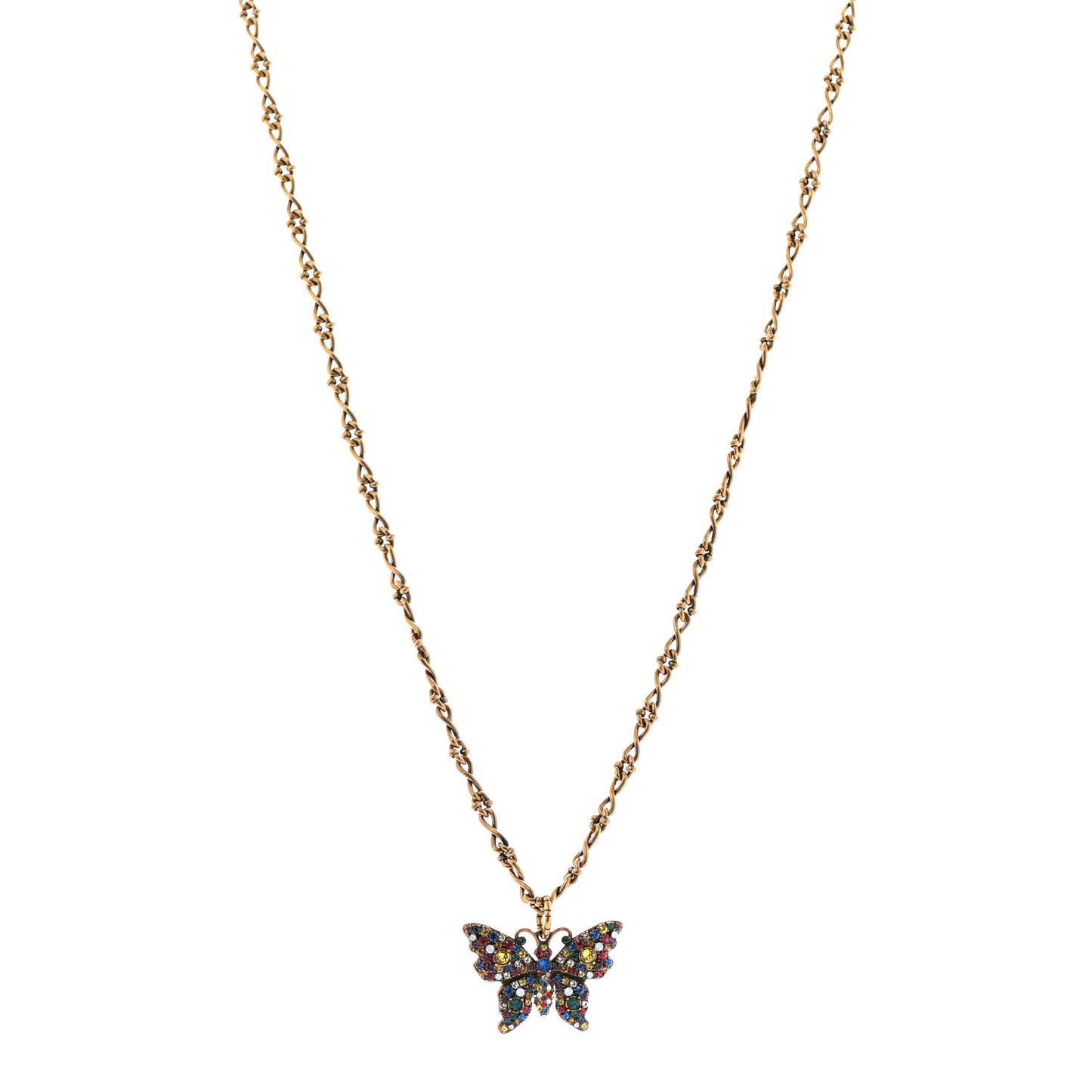 Metal Crystal Butterfly Necklace Aged Gold Multicolor