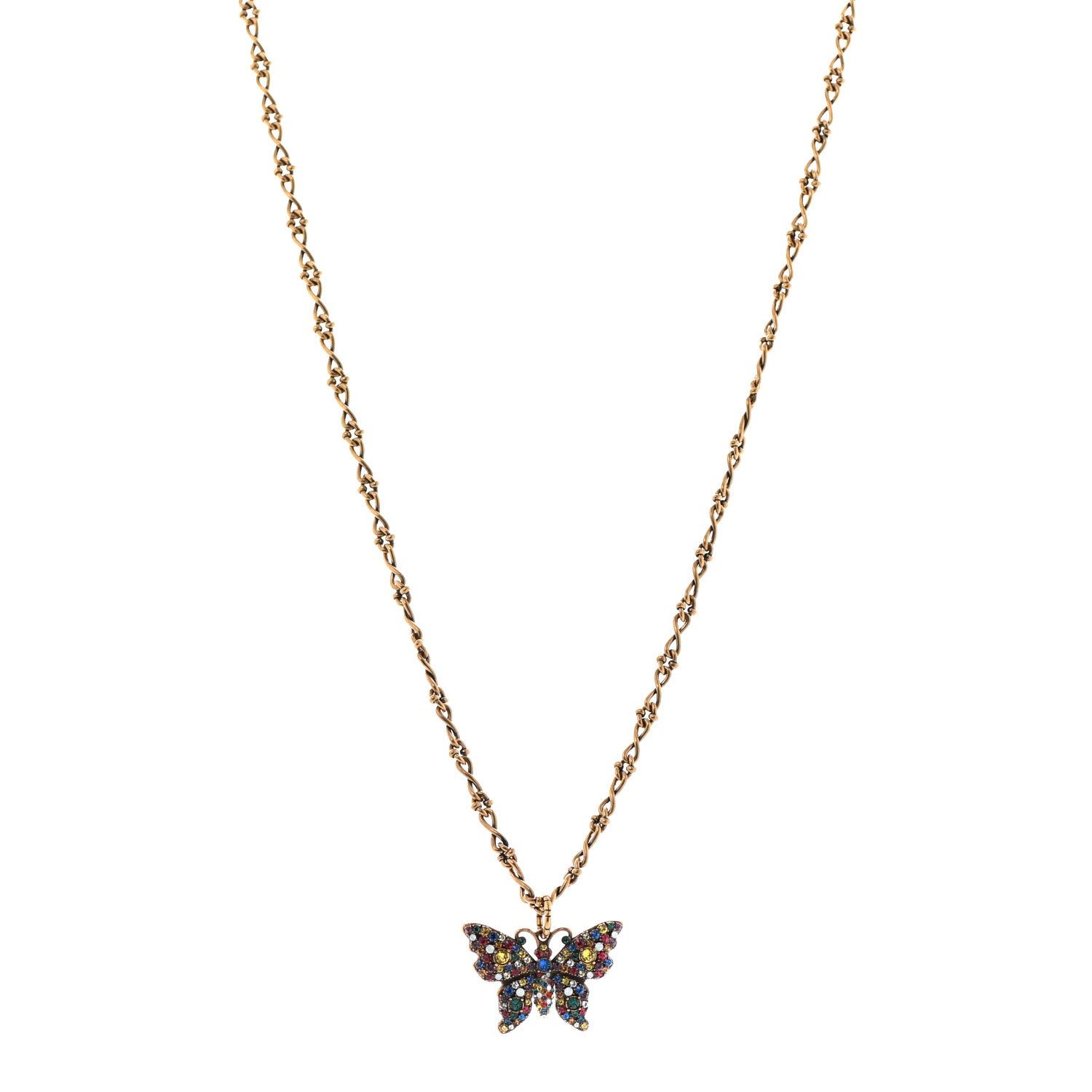 Gucci Metal Crystal Butterfly Necklace Aged Gold Multicolor 1 of 6