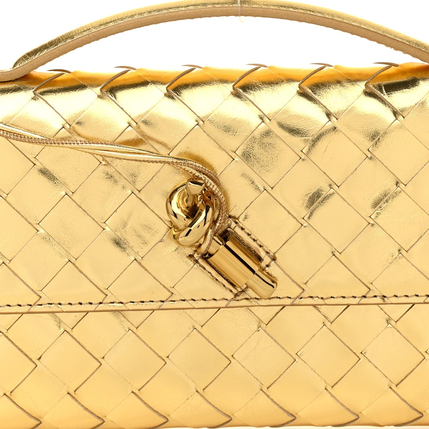 Metallic Lambskin Intrecciato Long Andiamo Top Handle Clutch Gold