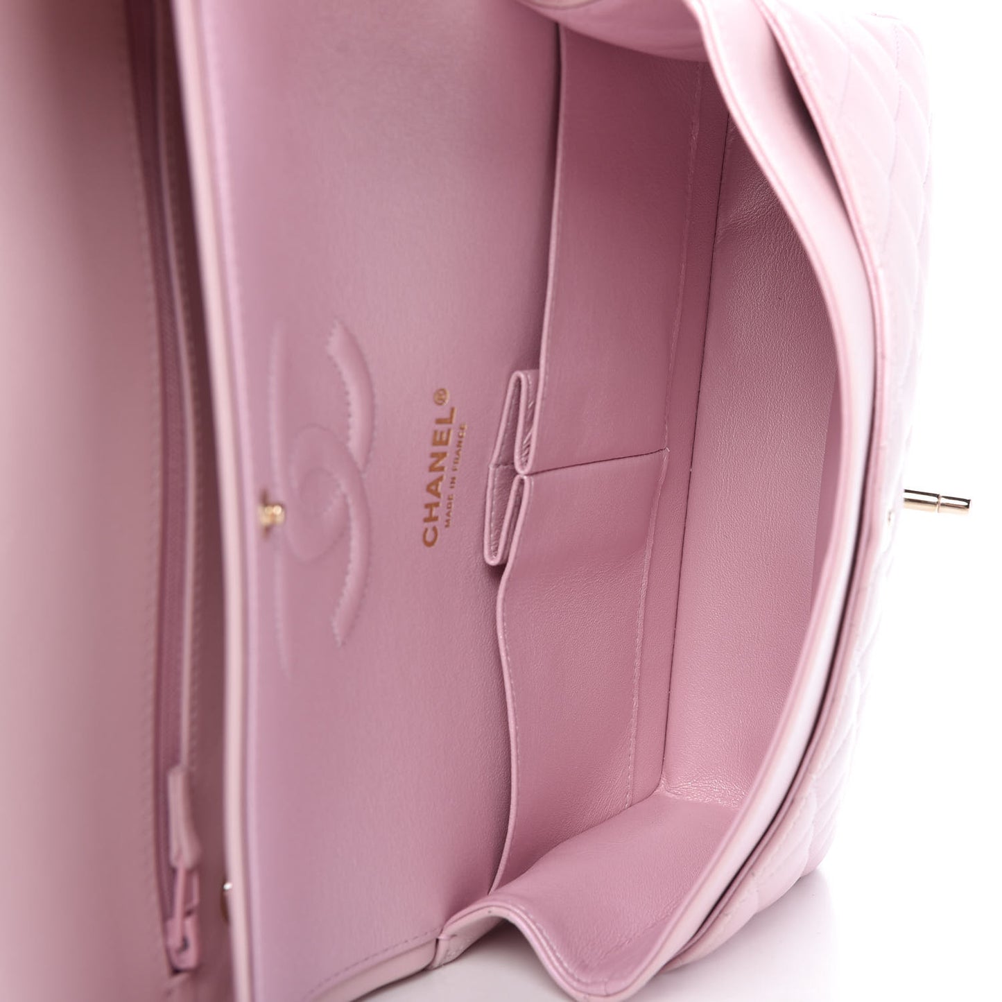 Iridescent Calfskin Quilted Medium Double Flap Light Pink