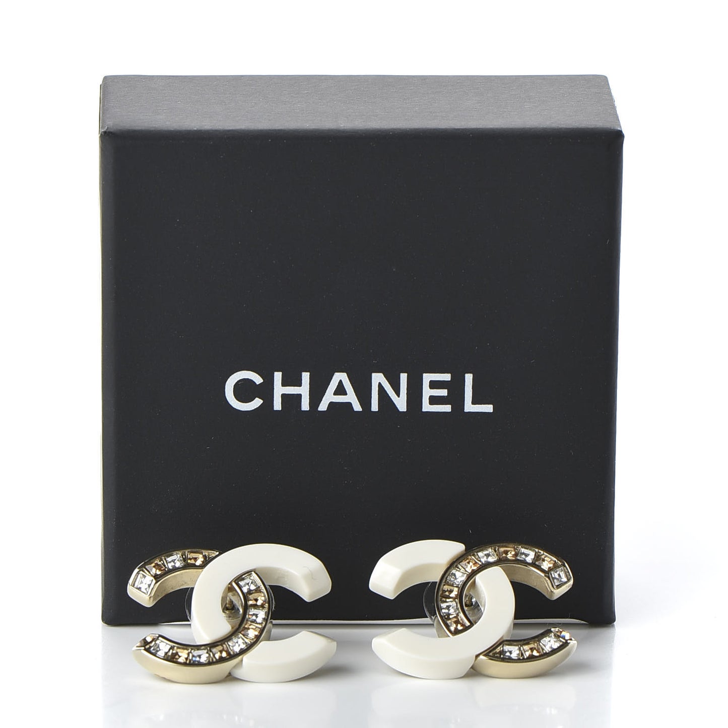 Resin Crystal Baguette CC Earrings Gold White