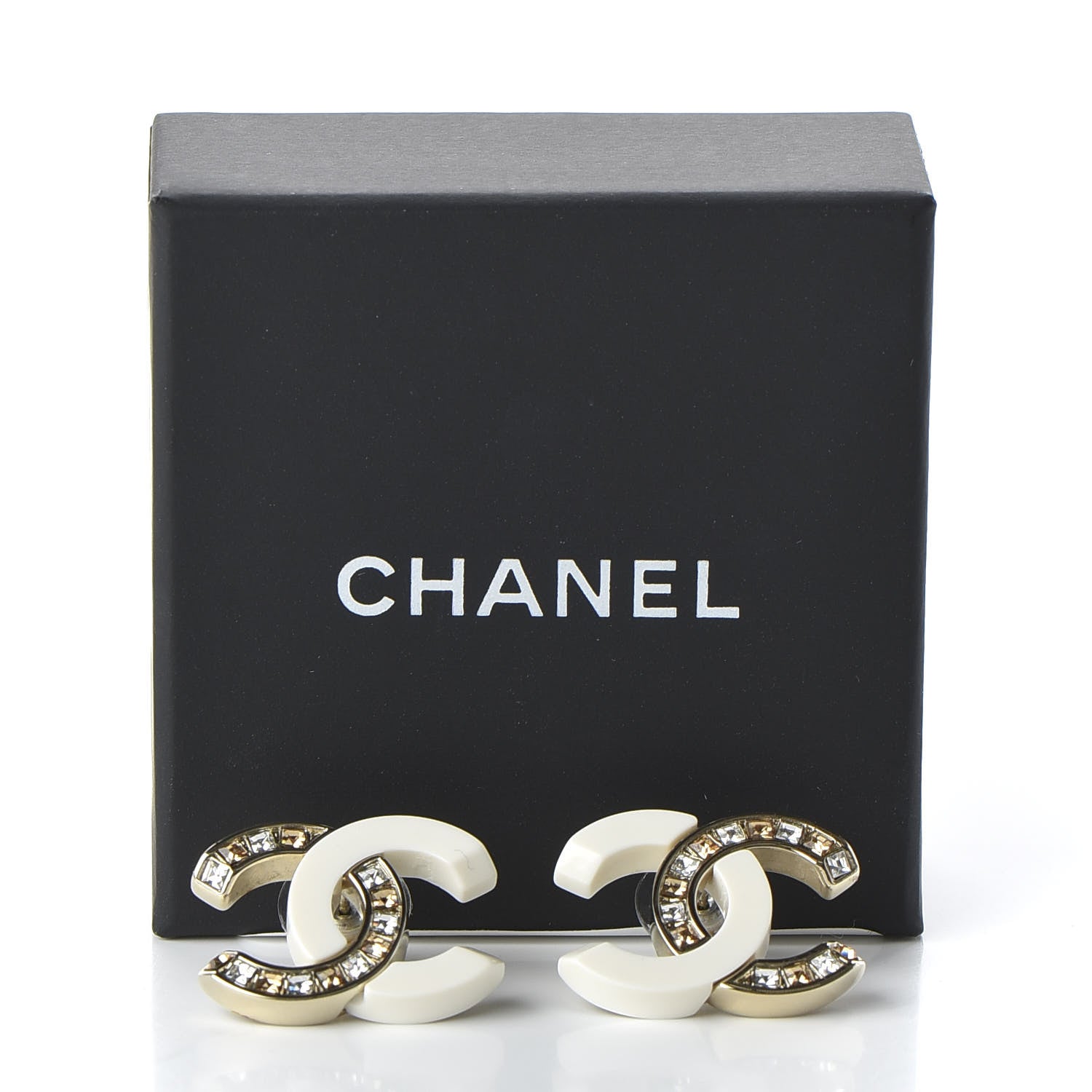 Chanel Resin Crystal Baguette CC Earrings Gold White 5 of 5