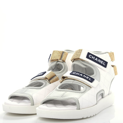 Chanel Goatskin Fabric Gladiator Sandals 37 White Light Grey Navy Blue 3 of 11