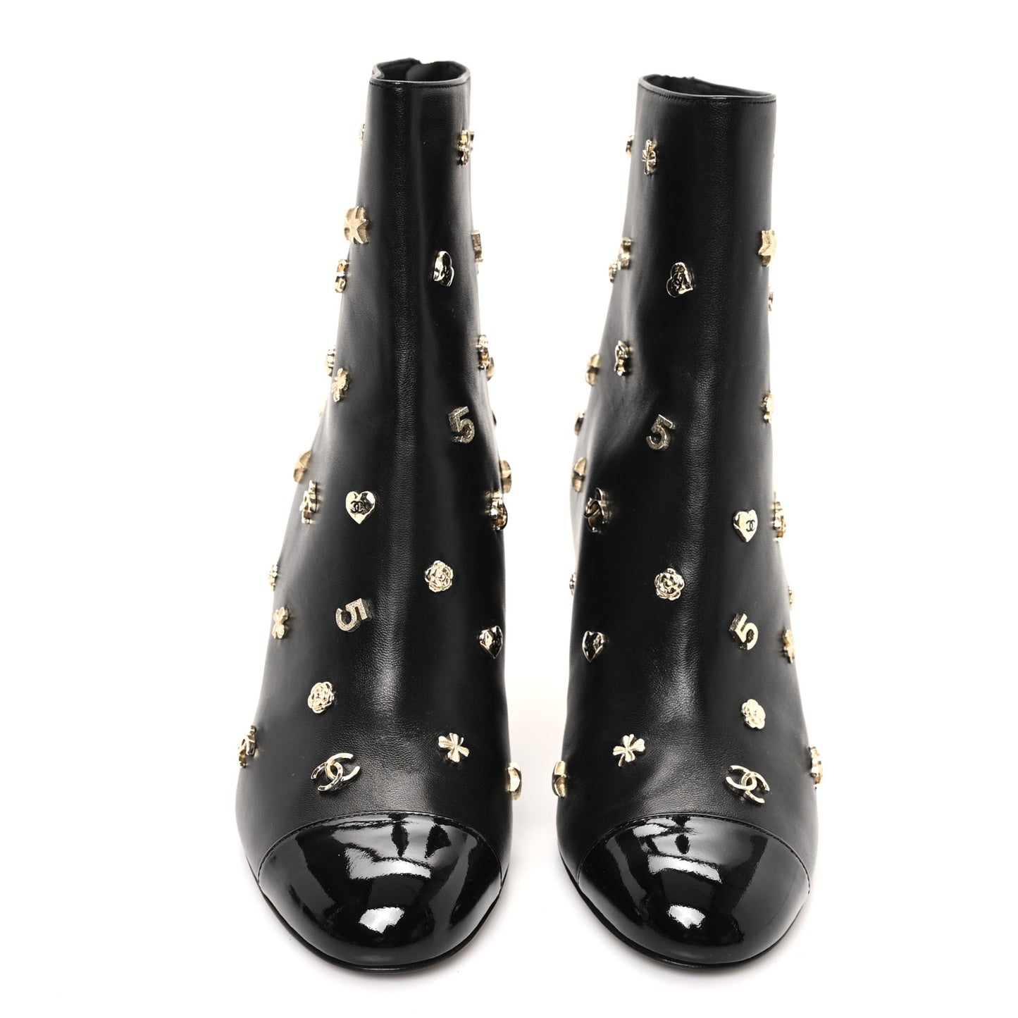 Lambskin Patent Cap Toe Charms Ankle Booties 38 Black