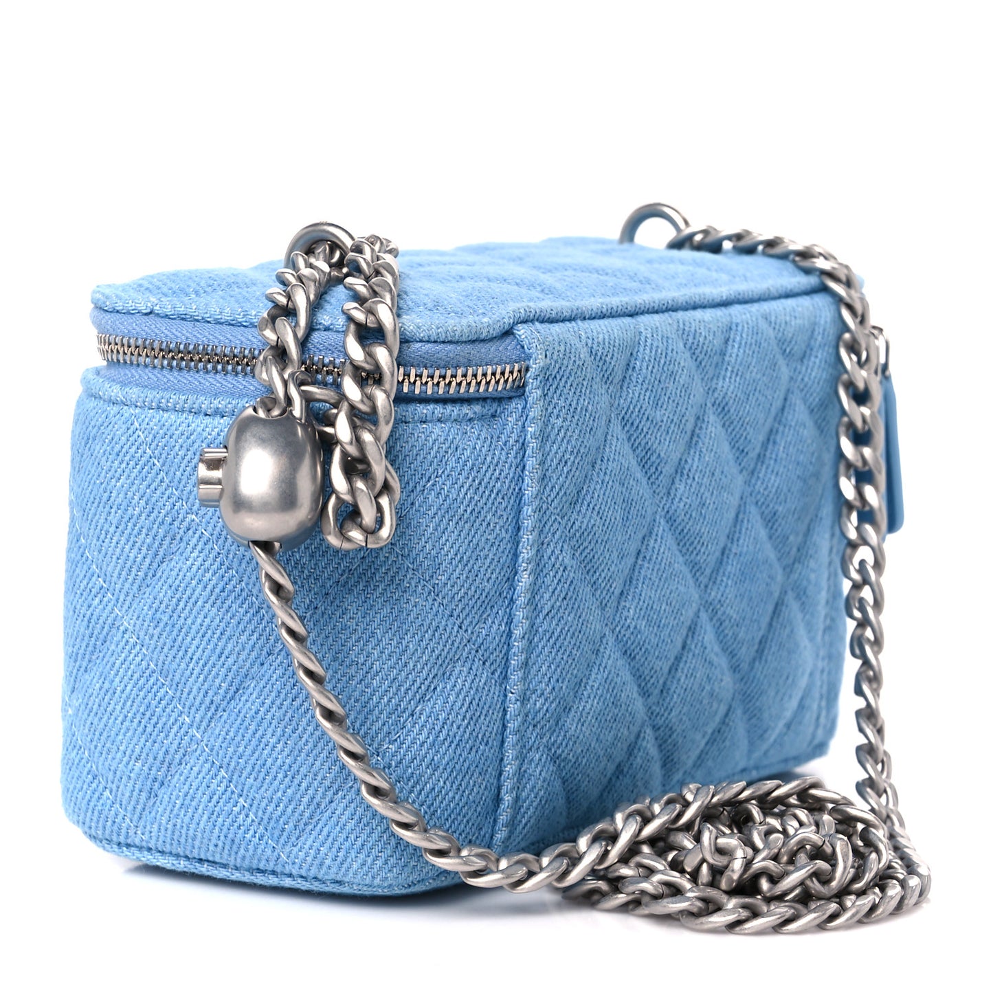Denim Quilted Sweetheart Small Vanity Case With Chain Blue