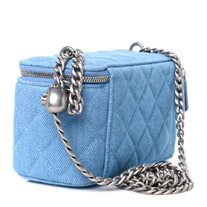 Chanel Denim Quilted Sweetheart Small Vanity Case With Chain Blue 3 of 11