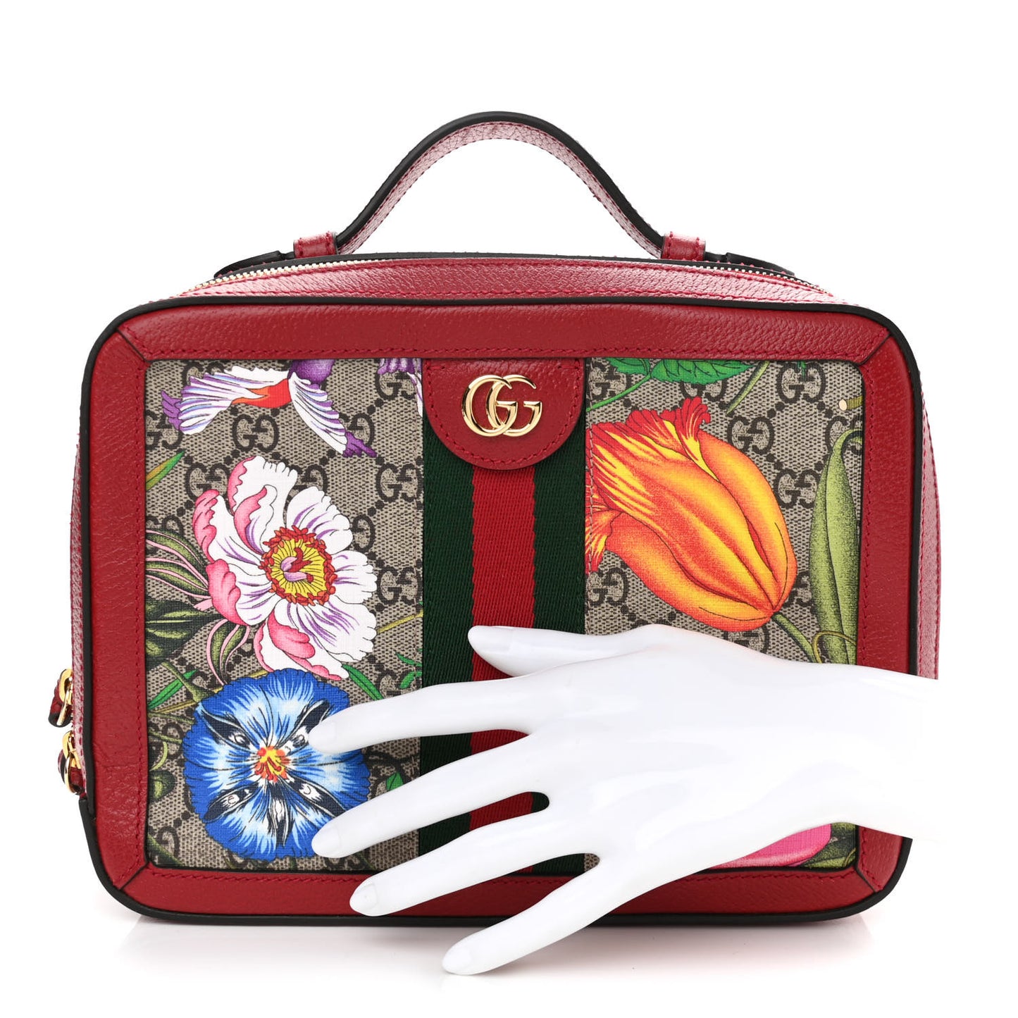 GG Supreme Monogram Flora Web Small Ophidia Top Handle Shoulder Bag Hibiscus Red