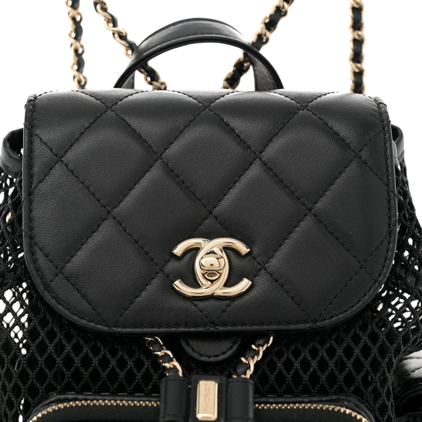 Shiny Lambskin Mesh Quilted Small Cargo Duma Drawstring Backpack Black