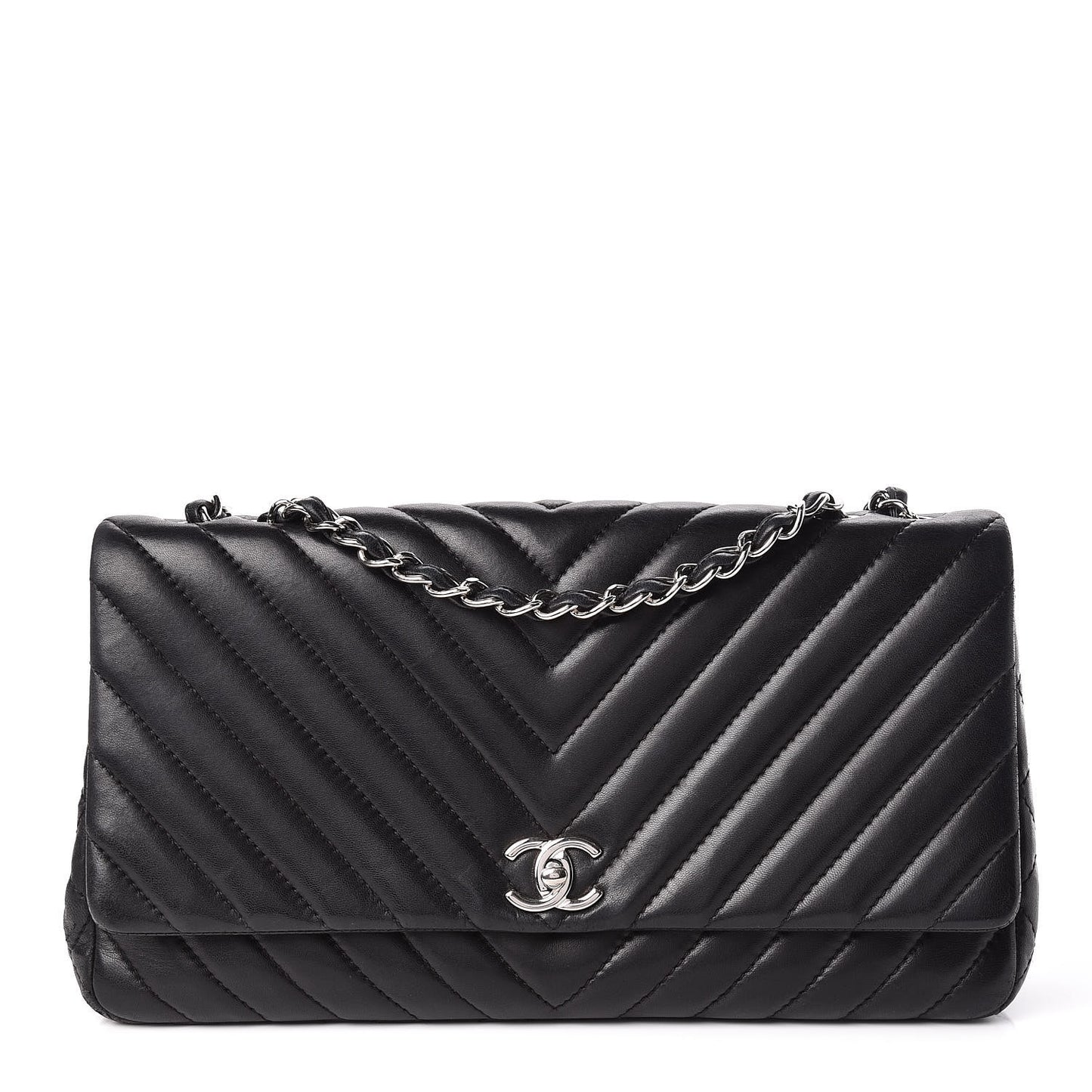 Lambskin Chevron Quilted Single Flap Black