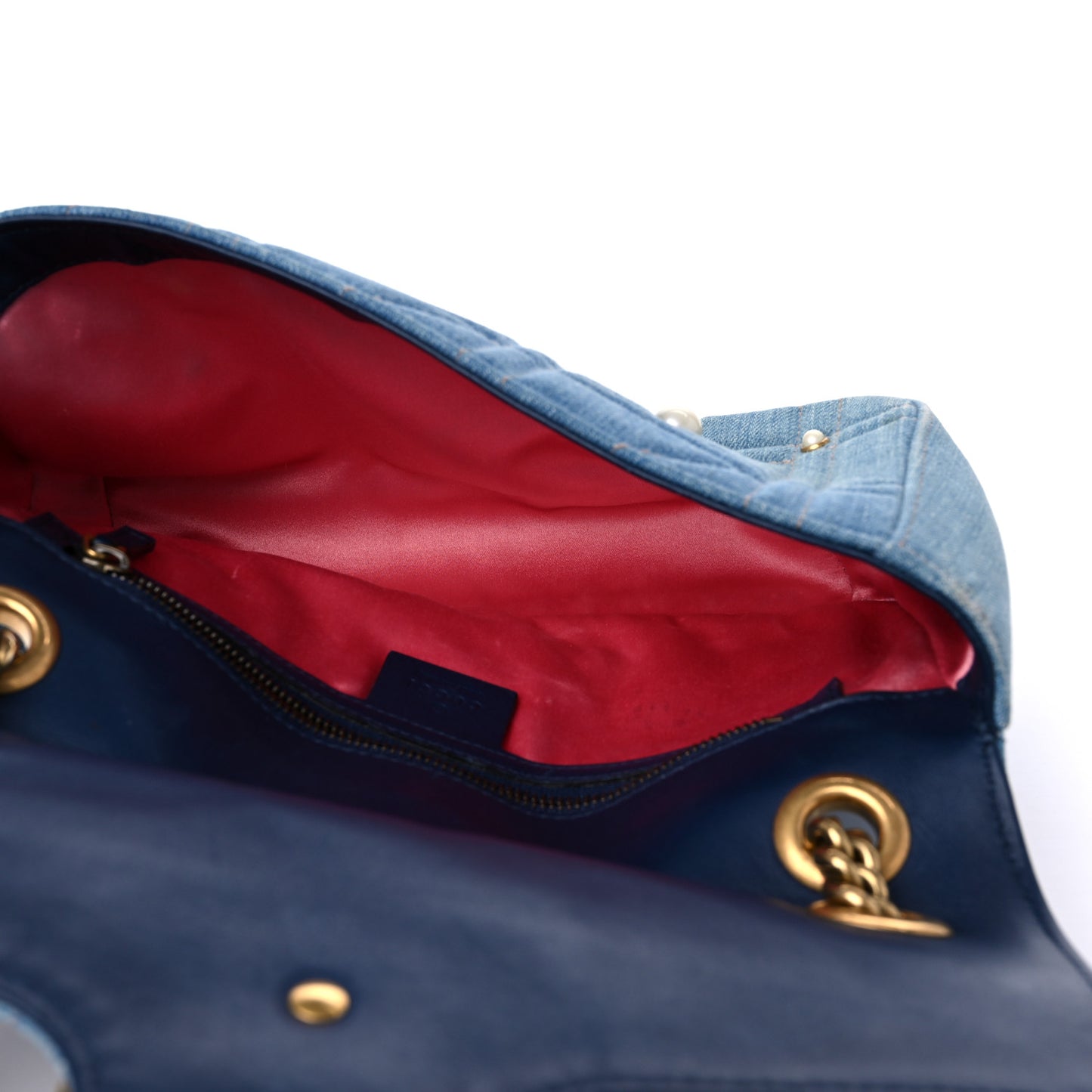 Denim Matelasse Pearl Studded Small GG Marmont Shoulder Bag Blue