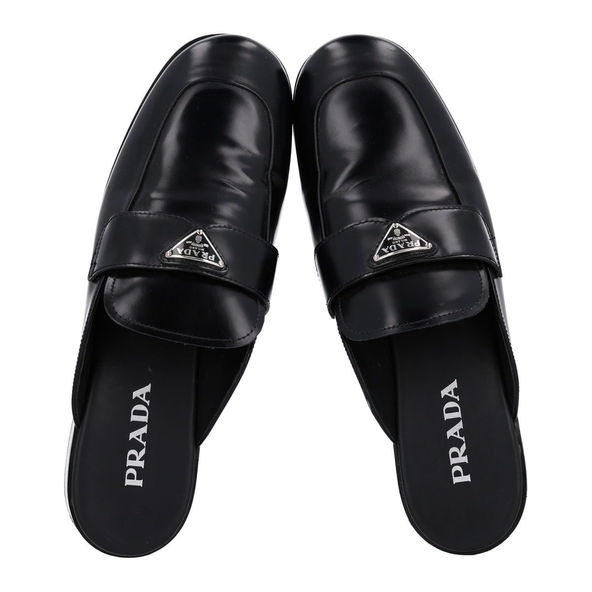 Prada City Calfskin Metal Triangle Logo 20mm Flat Mules 41 Black 2 of 9