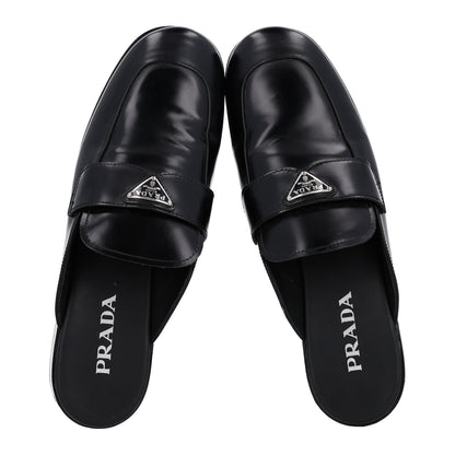 Prada City Calfskin Metal Triangle Logo 20mm Flat Mules 41 Black 2 of 9