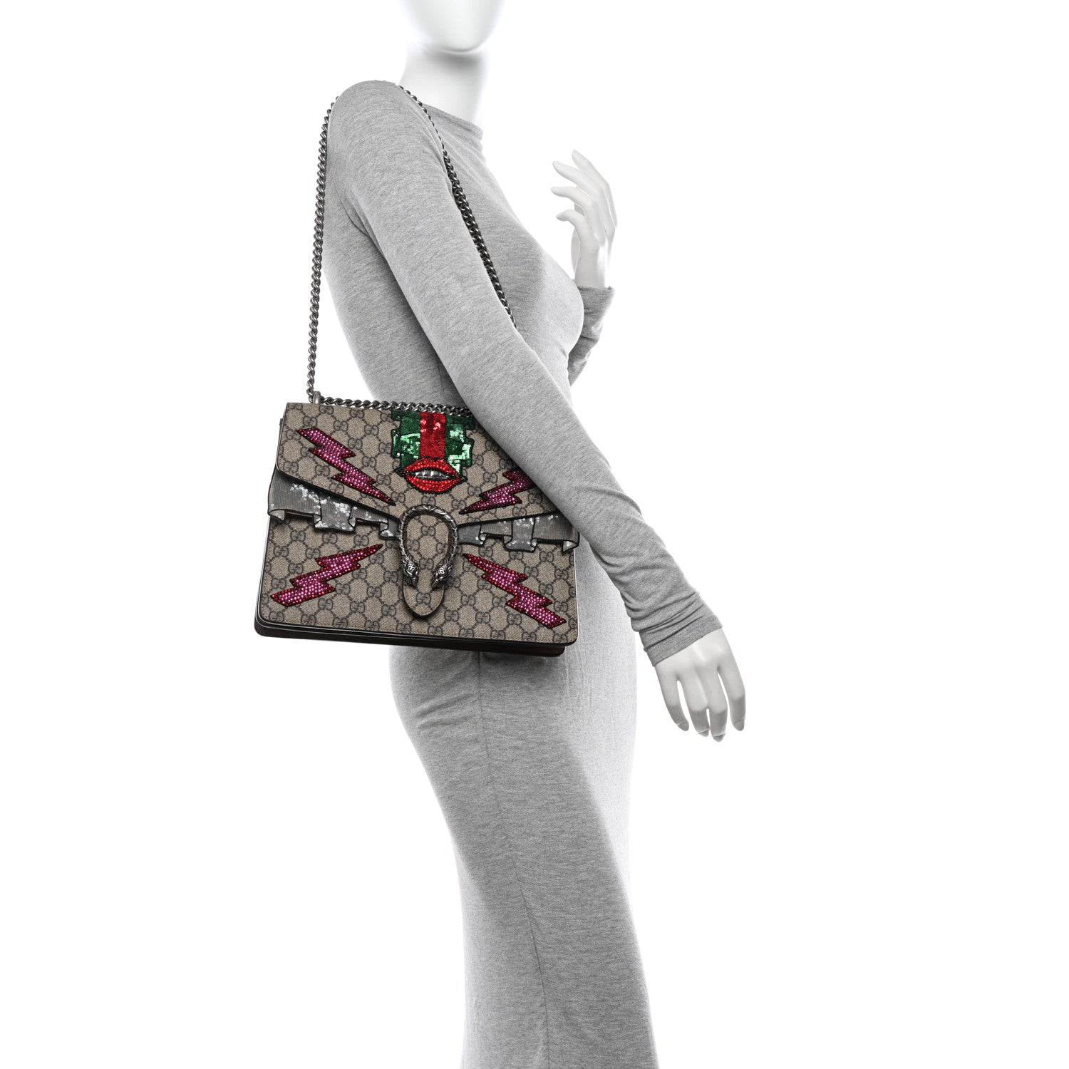 Gucci GG Supreme Monogram Lightning Embroidered Medium Dionysus Shoulder Bag Beige 3 of 12