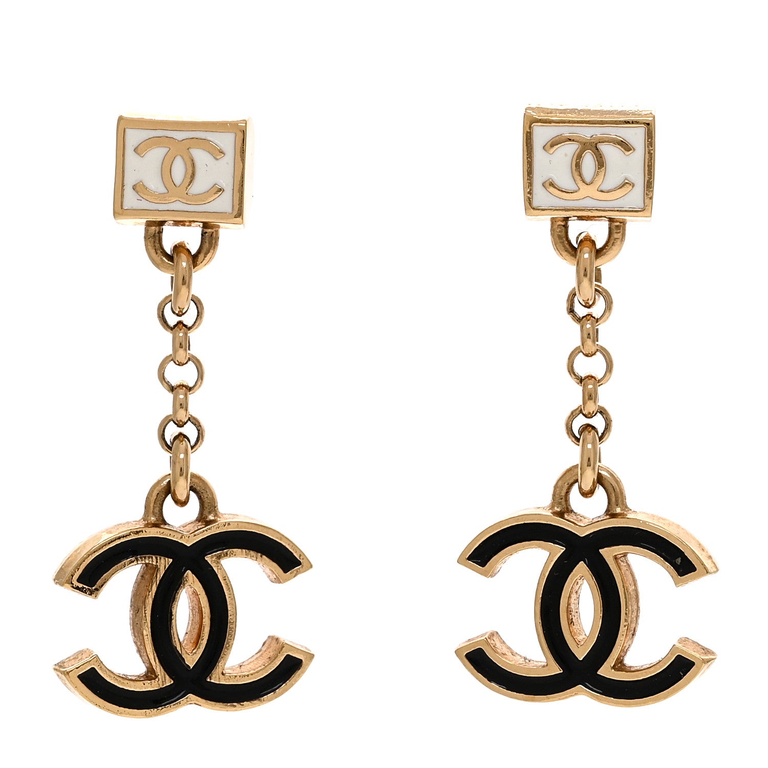 Chanel Metal Enamel CC Square Drop Earrings Black Gold White 1 of 5