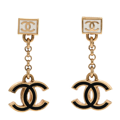 Chanel Metal Enamel CC Square Drop Earrings Black Gold White 1 of 5