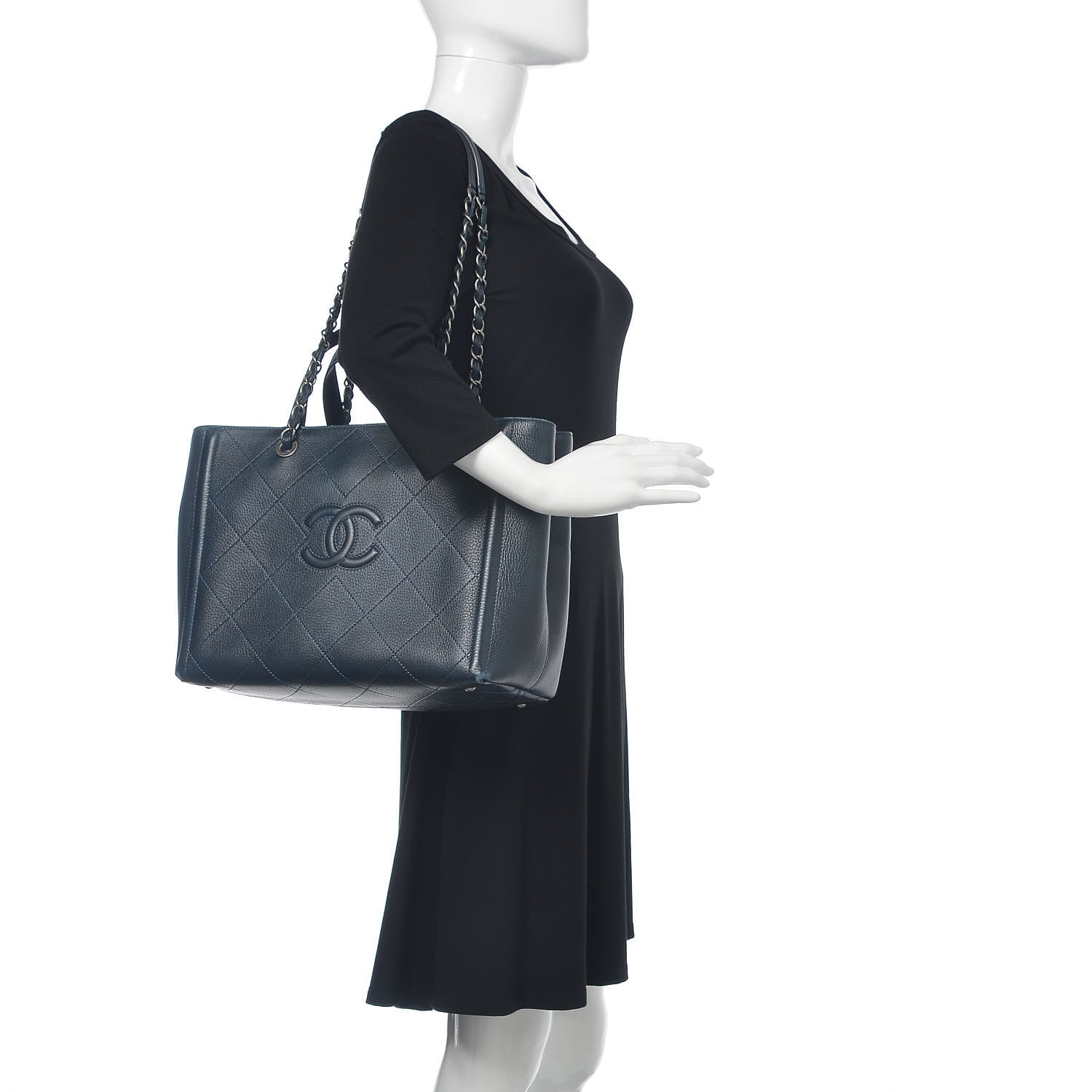 Chanel Deerskin Stitched Large CC Shopping Tote Navy 2 of 17