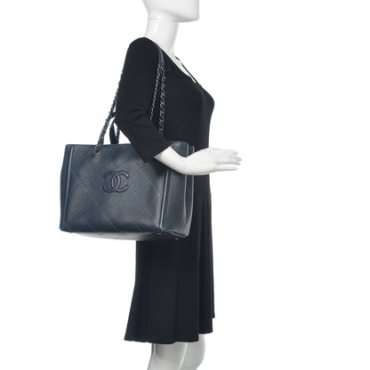 Chanel Deerskin Stitched Large CC Shopping Tote Navy 2 of 17