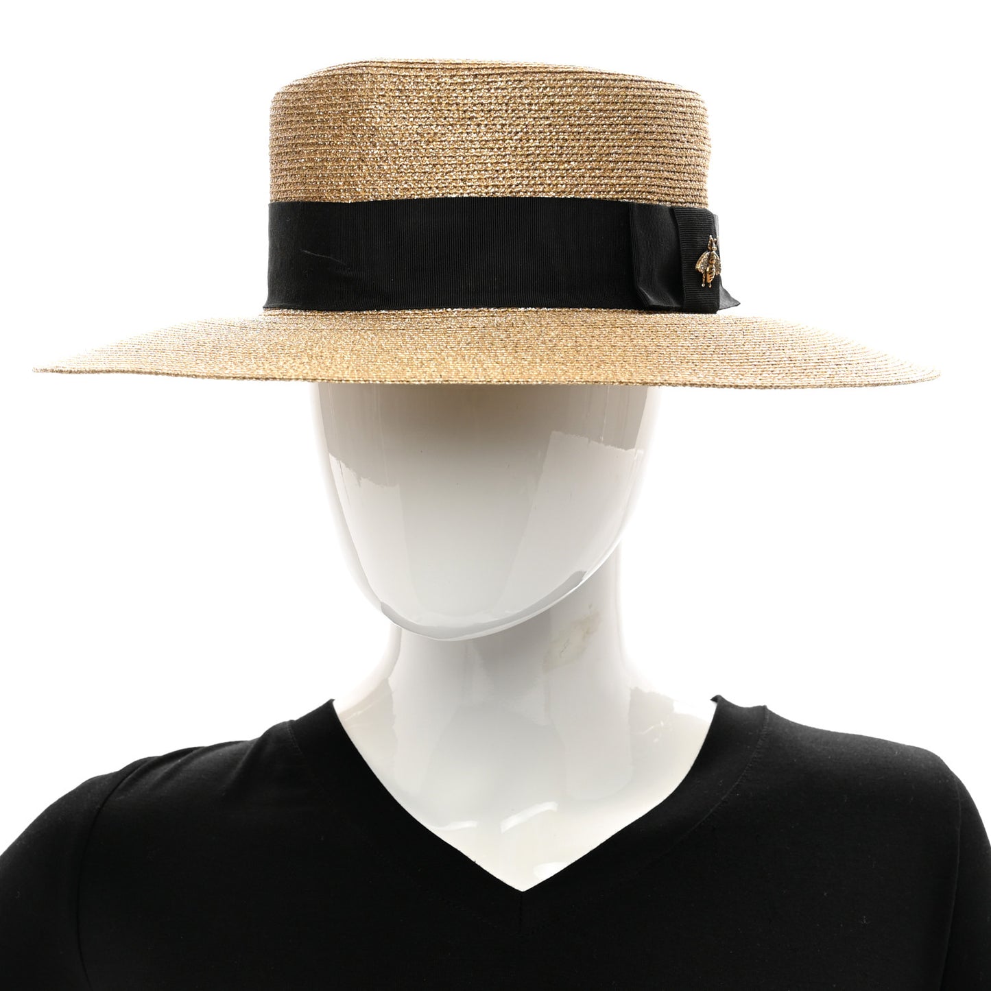 Glittered Straw Grosgrain Wide Brim Hat L Gold Black