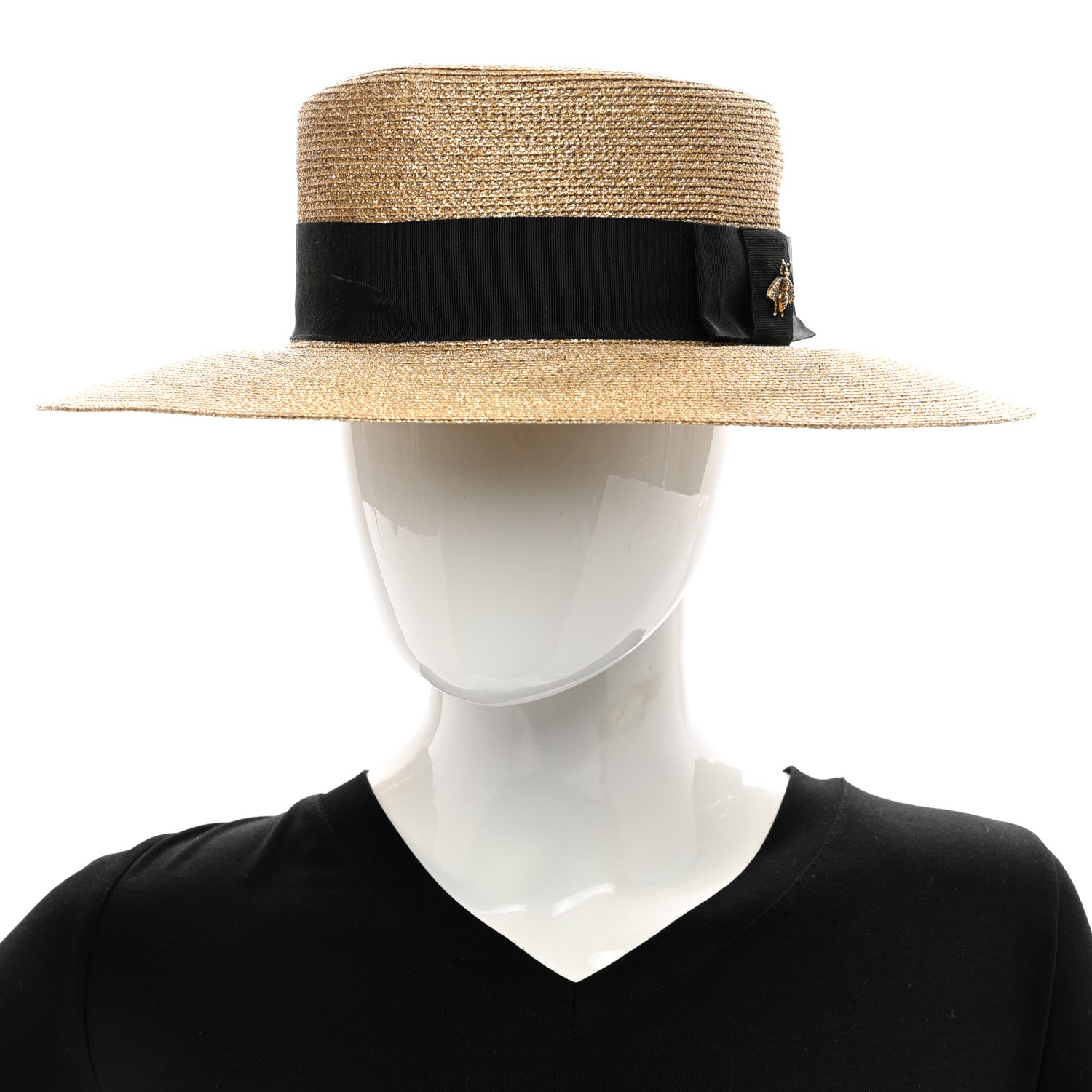 Gucci Glittered Straw Grosgrain Wide Brim Hat L Gold Black 2 of 10