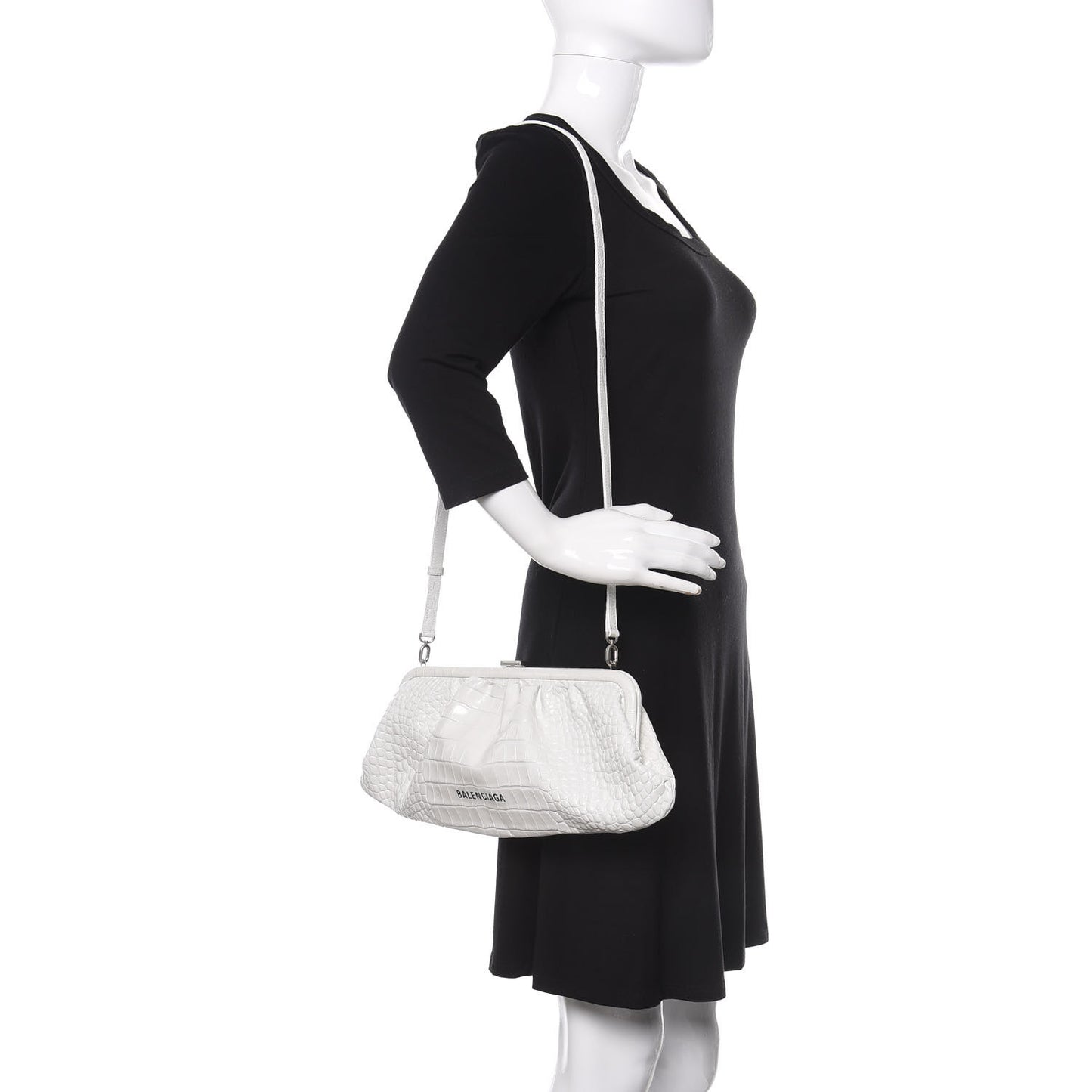 Shiny Supple Calfskin Logo Crocodile Embossed XL Cloud Clutch White