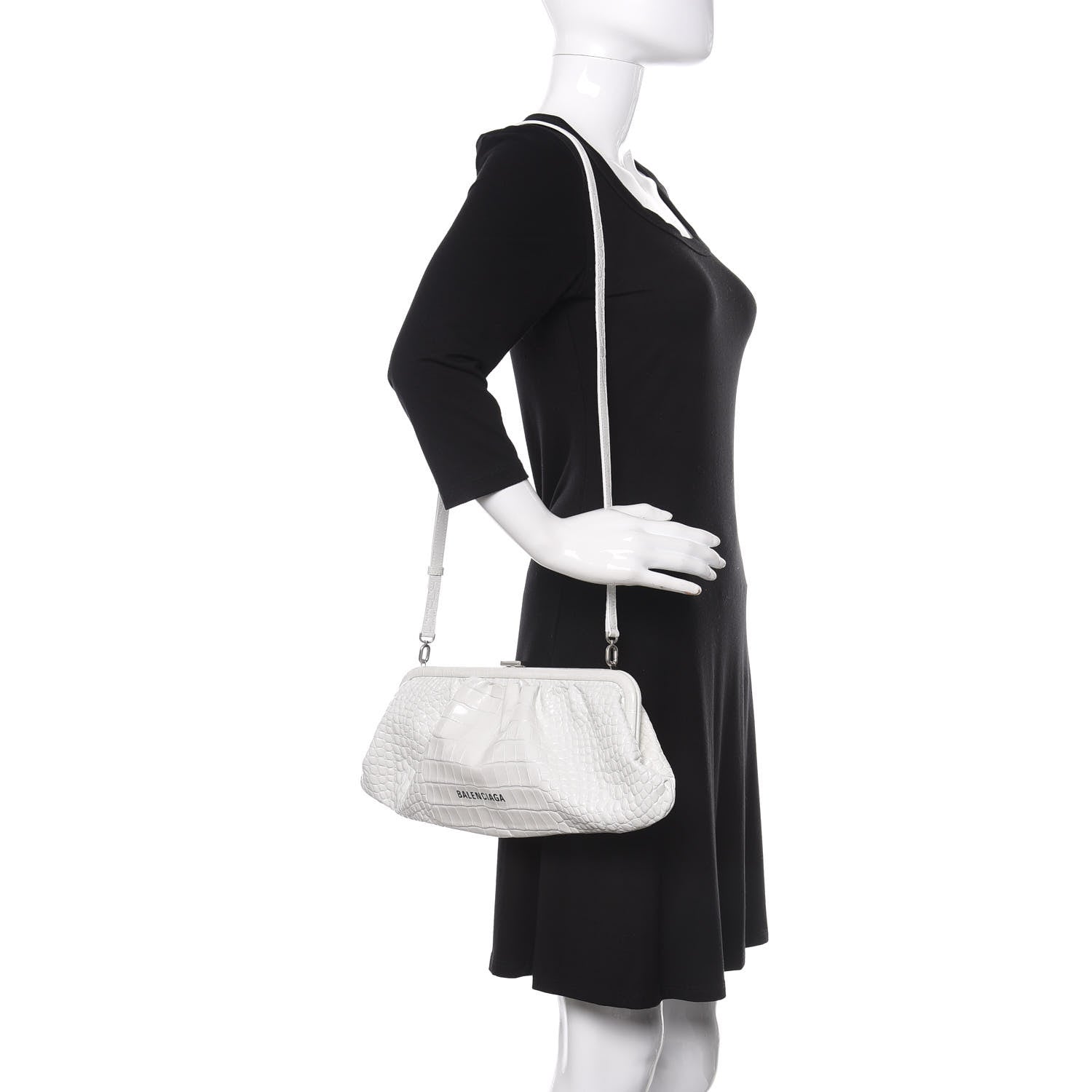 Balenciaga Shiny Supple Calfskin Logo Crocodile Embossed XL Cloud Clutch White 2 of 9