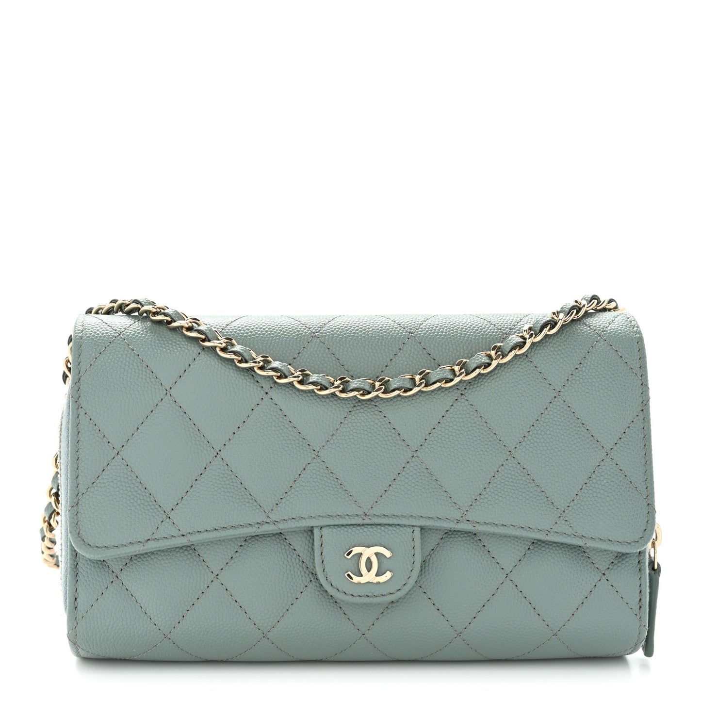 Caviar Quilted Phone Holder Wallet on Removable Chain Light Blue