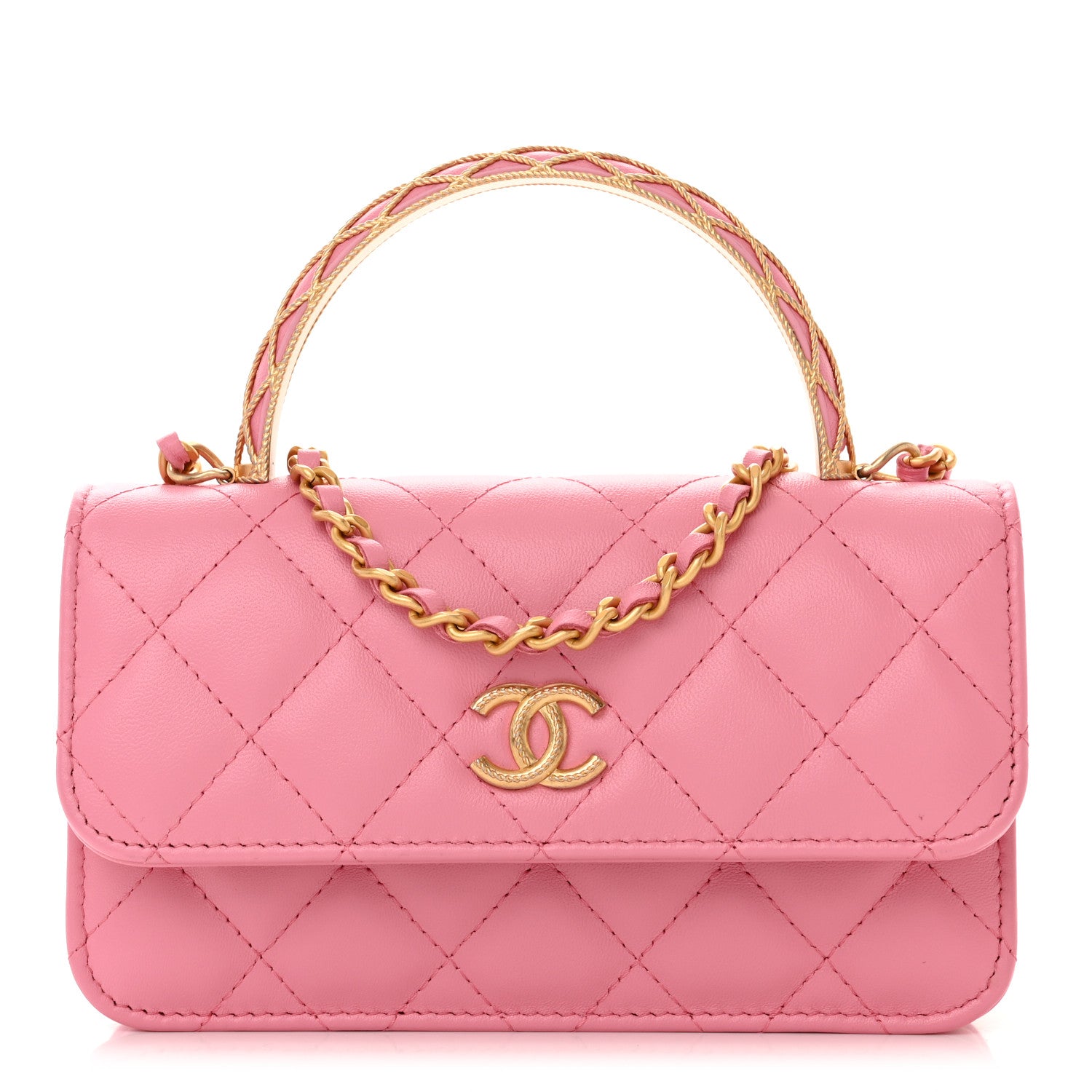 Chanel Lambskin Quilted Top Handle Phone Holder With Chain Pink 1 of 12
