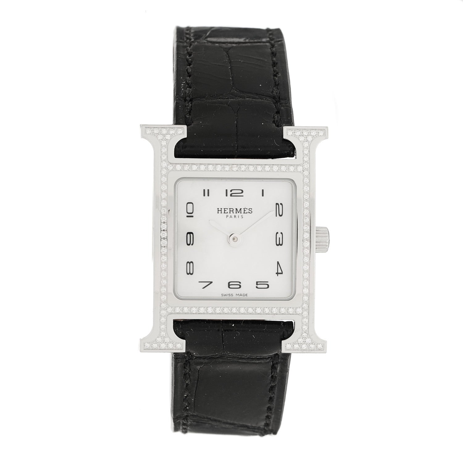 Hermes Stainless Steel Alligator Diamond Bezel Mother of Pearl 21mm Heure H Hour Quartz Watch Noir 1 of 5