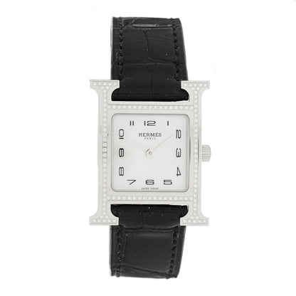 Hermes Stainless Steel Alligator Diamond Bezel Mother of Pearl 21mm Heure H Hour Quartz Watch Noir 1 of 5