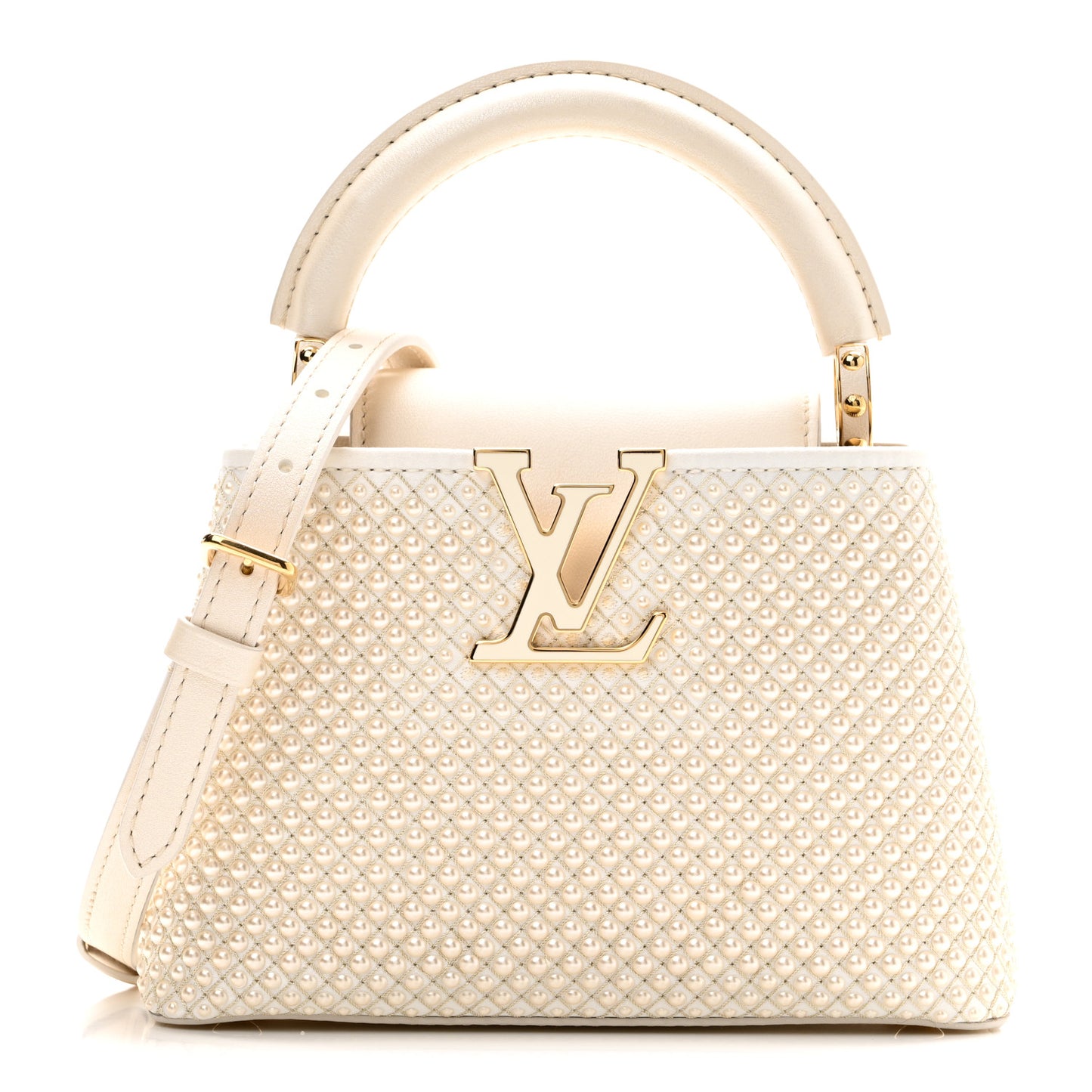 Metallic Calfskin Satin Pearl Embellished Mini Treasure Capucines Cream