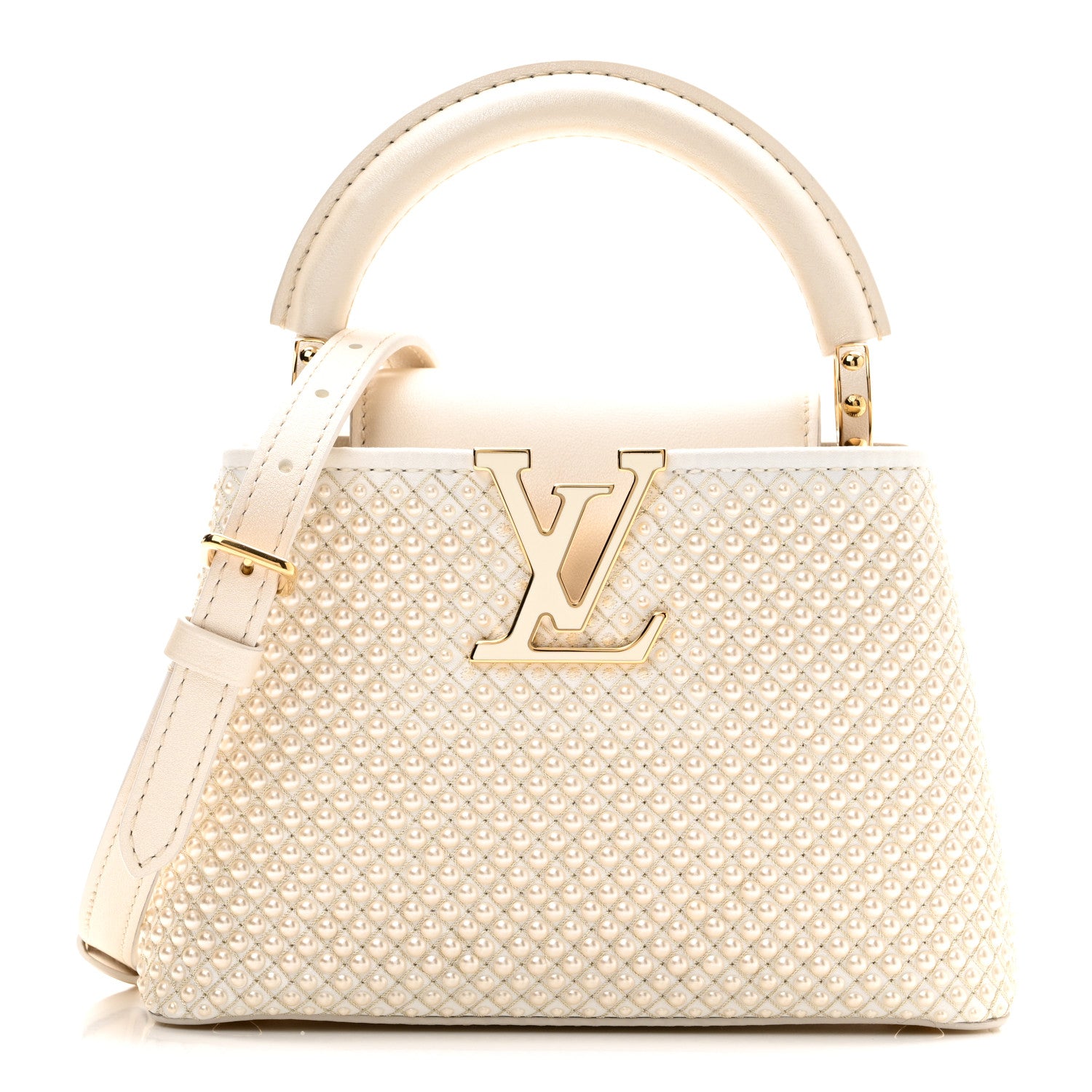 Louis Vuitton Metallic Calfskin Satin Pearl Embellished Mini Treasure Capucines Cream 1 of 9