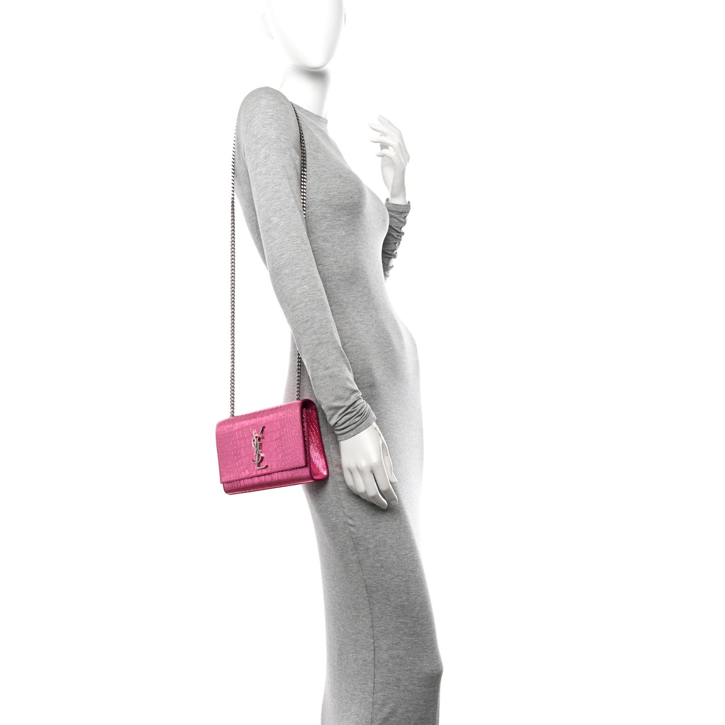 Metallic Calfskin Crocodile Embossed Small Classic Monogram Kate Tassel Satchel Pink