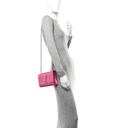 Saint Laurent Metallic Calfskin Crocodile Embossed Small Classic Monogram Kate Tassel Satchel Pink 3 of 11