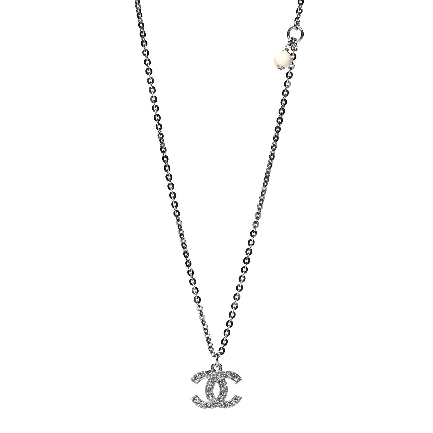Chanel Crystal Pearl CC Pendant Necklace Silver Black 1 of 5