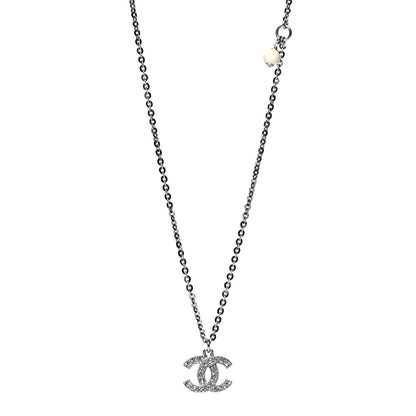 Chanel Crystal Pearl CC Pendant Necklace Silver Black 1 of 5
