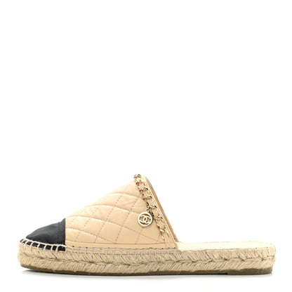 Chanel Lambskin Grosgrain Quilted CC Chain Espadrille Mules 36 Beige Black 1 of 6