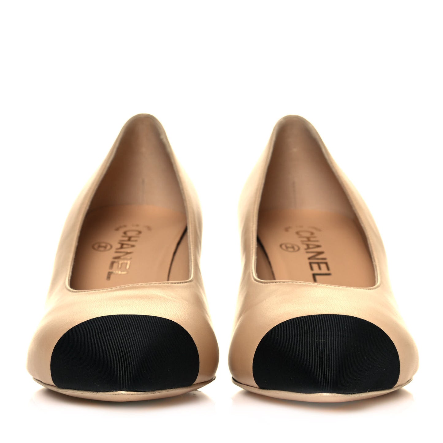 Lambskin Grosgrain Cap Toe CC Pearl Pumps 37.5 Beige Black