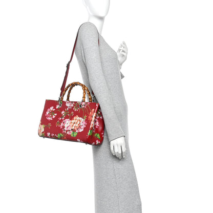 Gucci Shangai Calfskin Blooms Print Medium Bamboo Shopper Tote Red Multicolor 2 of 10