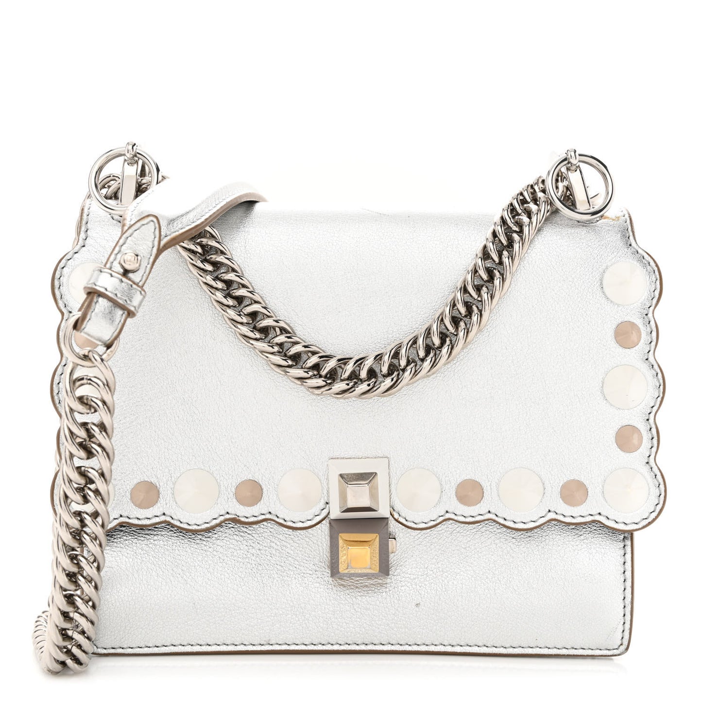 Vitello Catalan Mirror Scalloped Multi Studded Small Kan I Shoulder Bag Argento