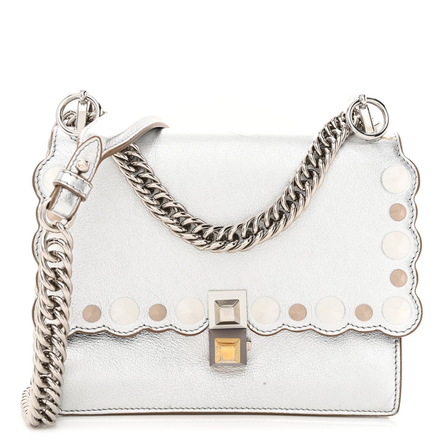 Fendi Vitello Catalan Mirror Scalloped Multi Studded Small Kan I Shoulder Bag Argento 1 of 14
