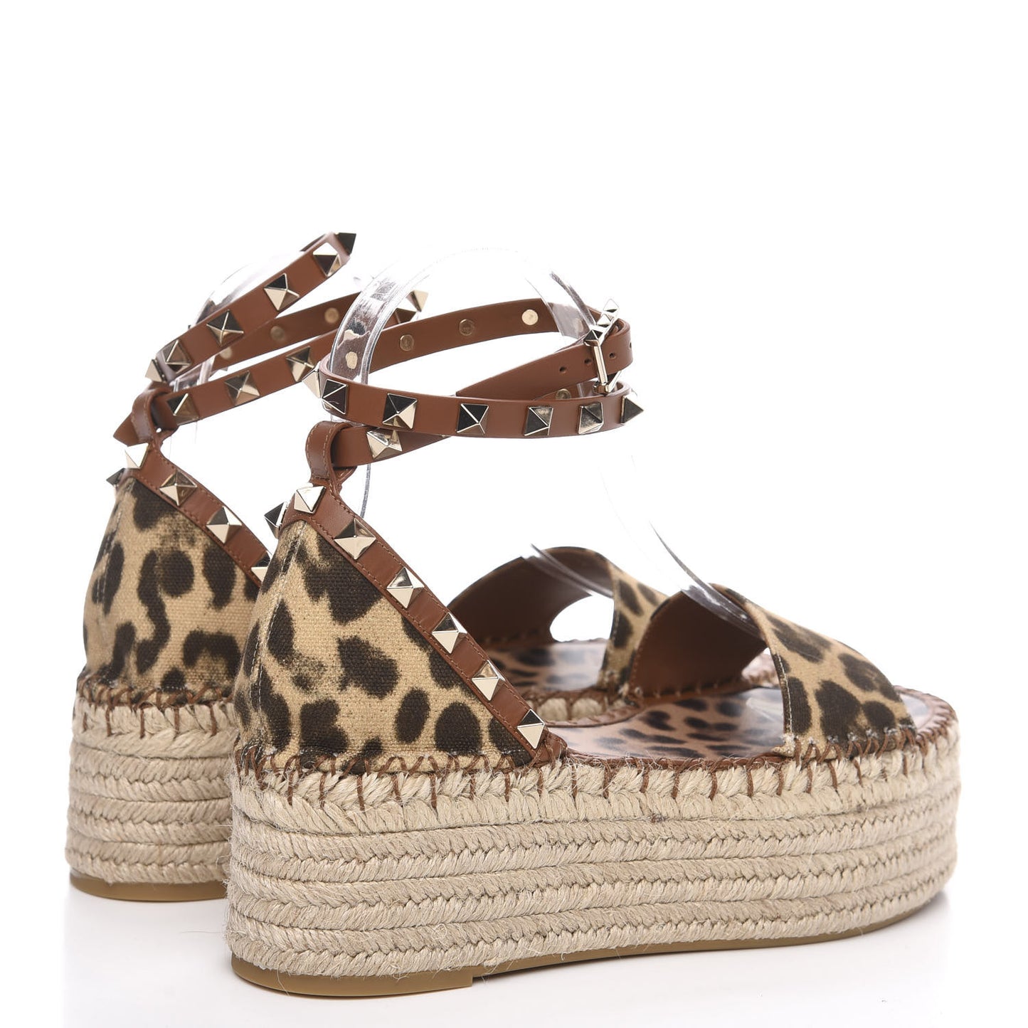 Canvas Leopard Print Rockstud Ankle Wrap Espadrille Flatform Sandals 36 Brown