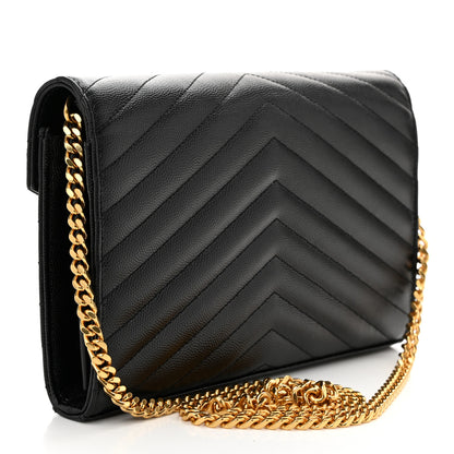 Saint Laurent Grain De Poudre Matelasse Chevron Monogram Chain Wallet Black 3 of 11