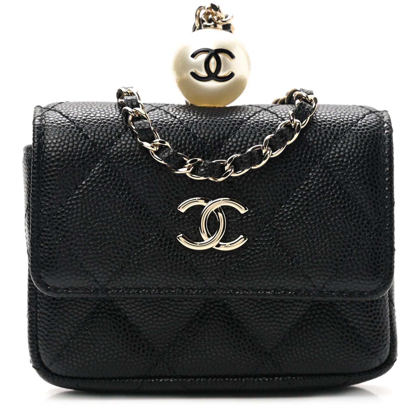 Caviar Quilted Pearl Card Holder On Chain Black