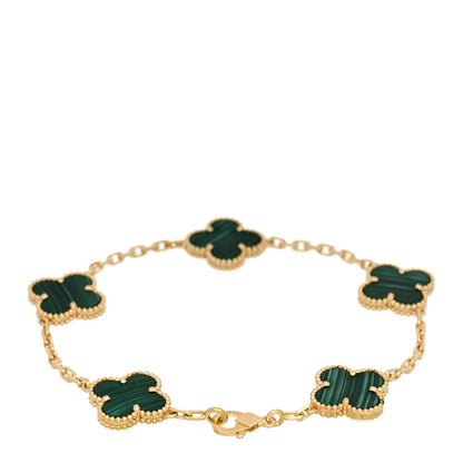 Van Cleef & Arpels 18K Yellow Gold Malachite 5 Motifs Vintage Alhambra Bracelet 2 of 5