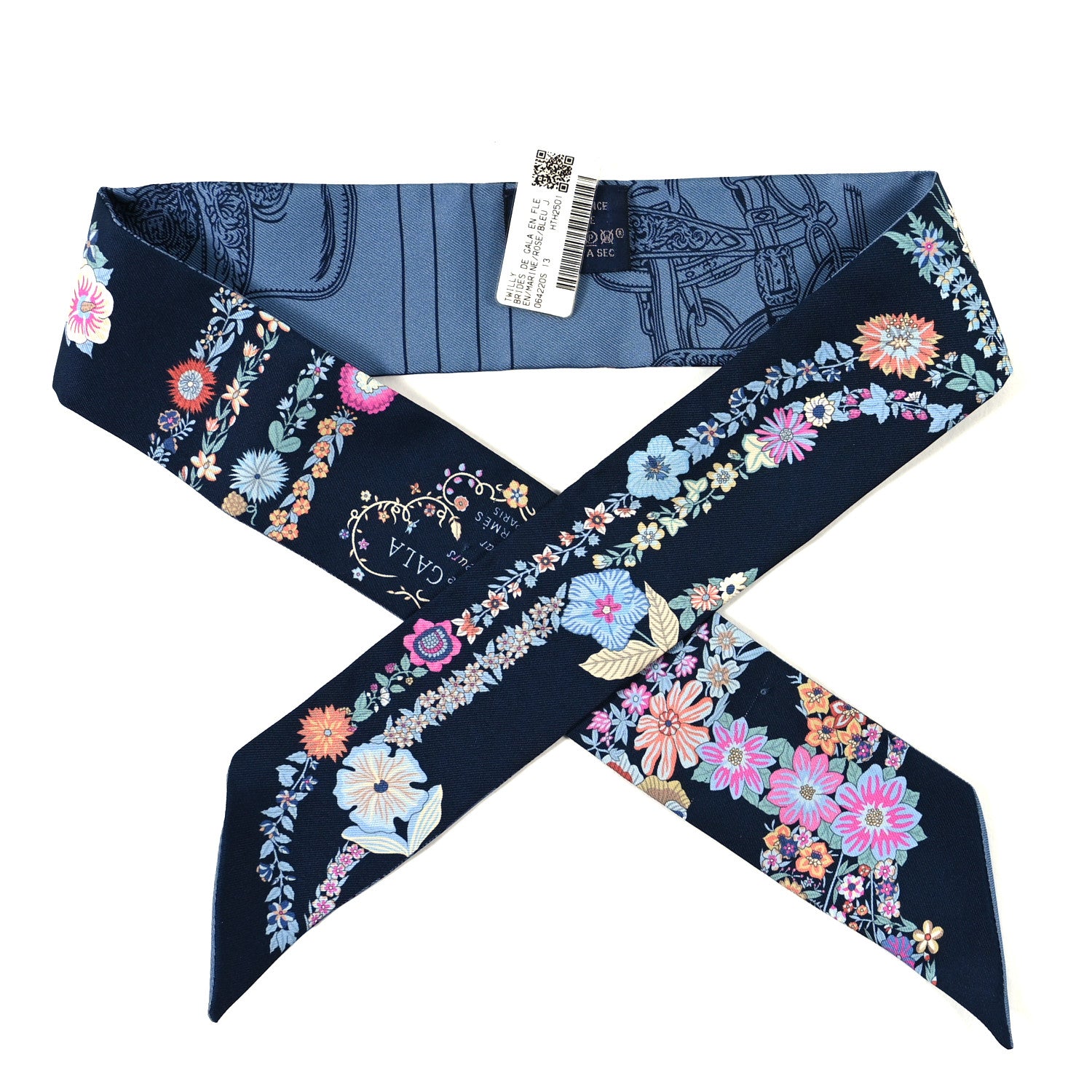 Hermes Silk Brides de Gala en Fleurs Twilly Marine Rose Bleu 1 of 3