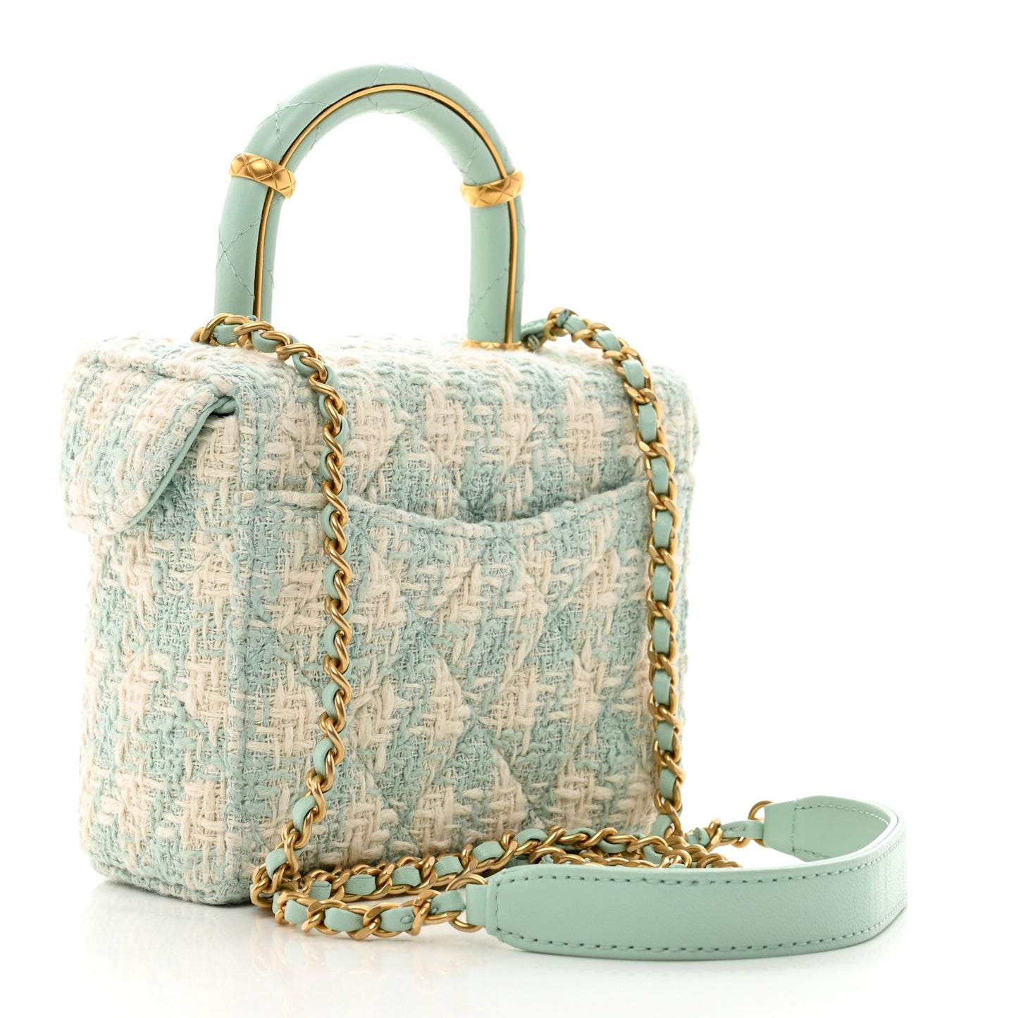 Tweed Handle Crush Top Handle Flap Bag Light Blue Ecru