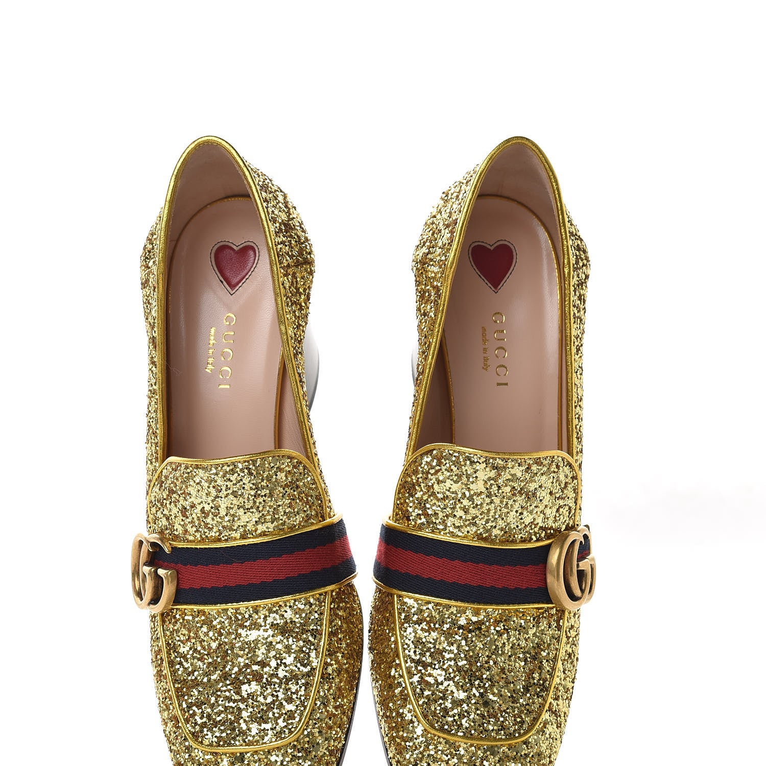 Gucci Glitter Nappa Web Peyton 75mm Loafer Pumps 38.5 Oro Vecchio 5 of 11