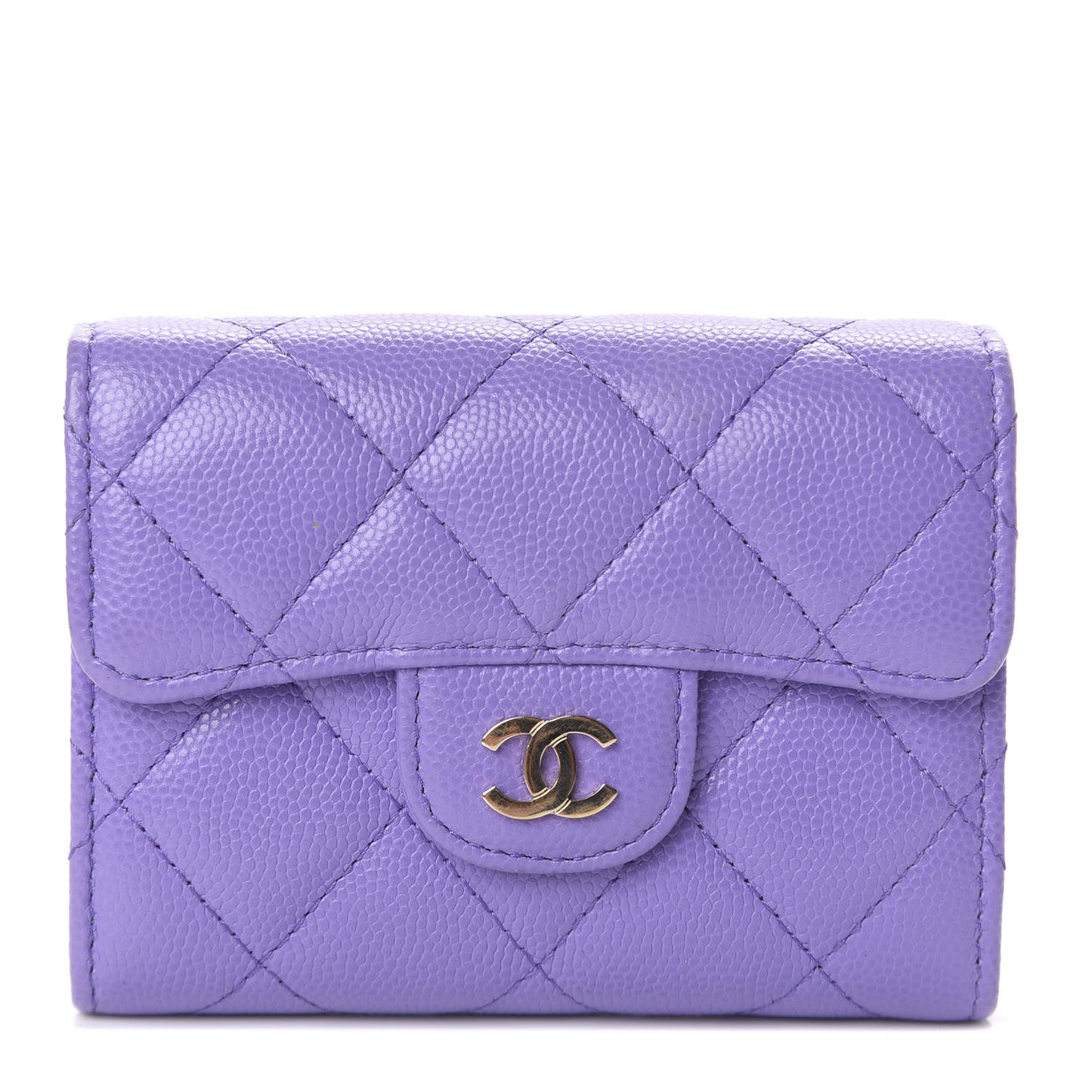 Caviar Quilted Flap Card Holder Wallet Purple