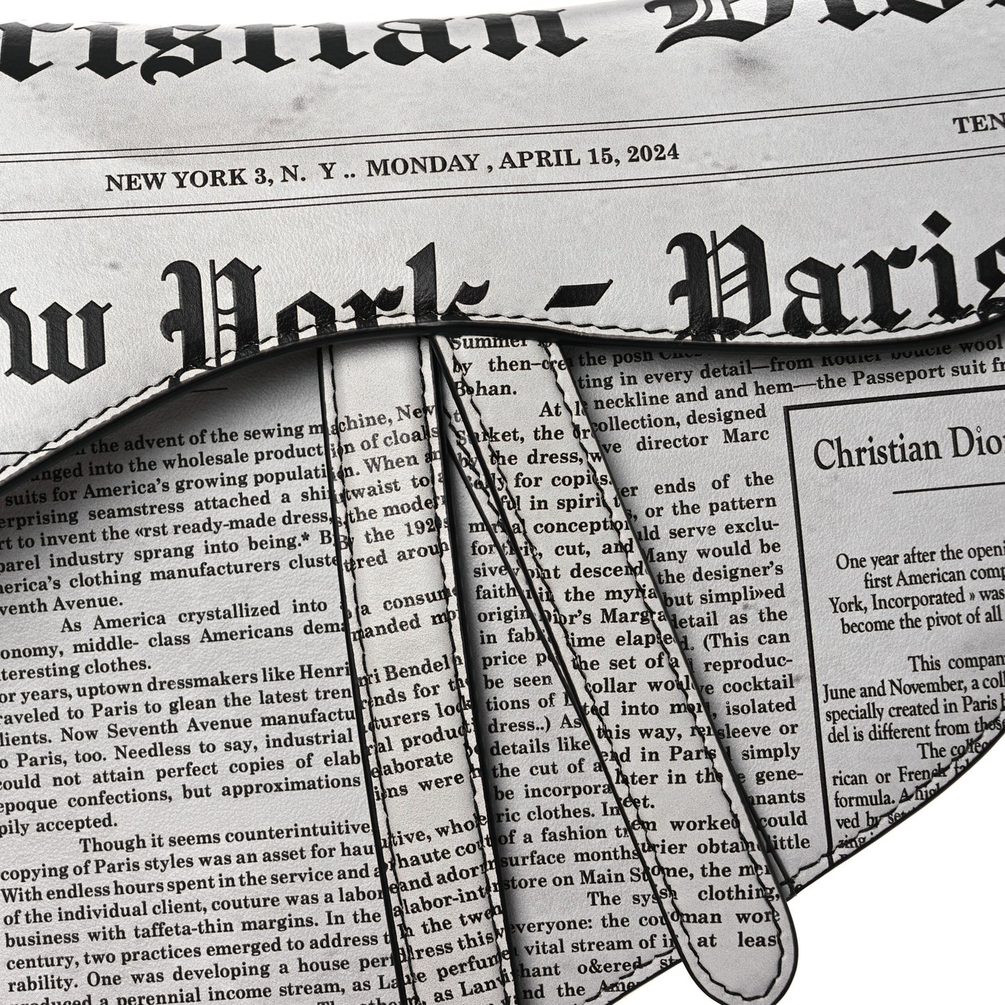 Calfskin Newspaper Printed Saddle Bag With Strap Black White